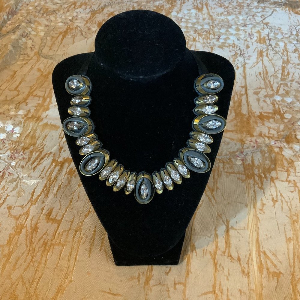 Leather and Brass Ribbon Necklace with Rhinestones